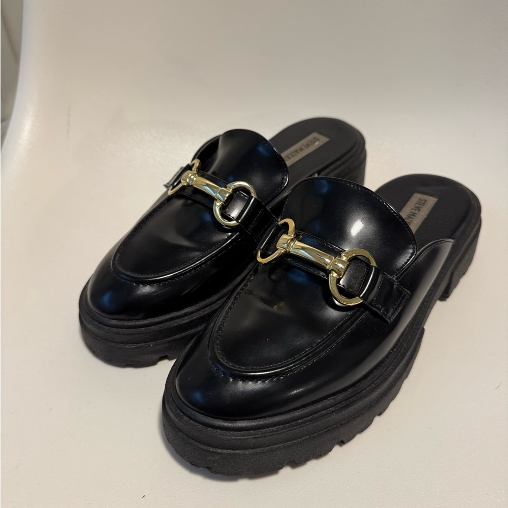 Steve Madden Platform Black Mules with Gold Detail